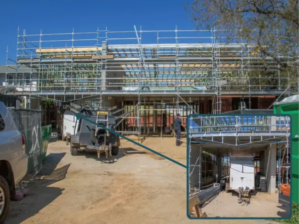 Full scaffold wrap with bridging ledger over garage access on a Dunsborough second-storey home addition.