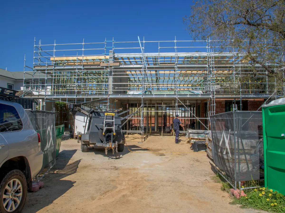 Second-storey scaffold wrap in progress on a Dunsborough home addition